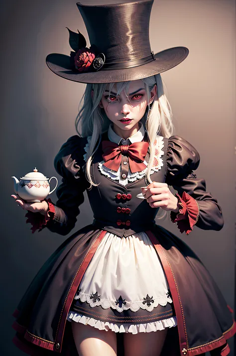 ((best quality)), ((masterpiece)), (detailed), (detailed CG unity 8k wallpaper), (realistic), Mad Hatter, evil red eyes, skinny hands, top hat, tattered clothes, emanating a sinister malevolence and intimidating aura, inspiring terror in those who encounte...