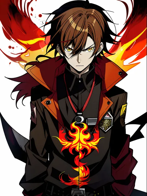 Anime characters with brown hair in black shirt，Red jacket and yellow flame, Badass anime 8 K, Key anime art, shigenori soejima illustration, hajime yatate, male anime character