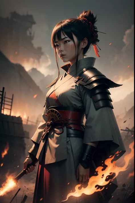 a female samurai warrior standing solemnly amidst the remnants of a battlefield. The background is filled with the ghostly apparitions of fallen warriors, and her expression reflects the haunting memories of war