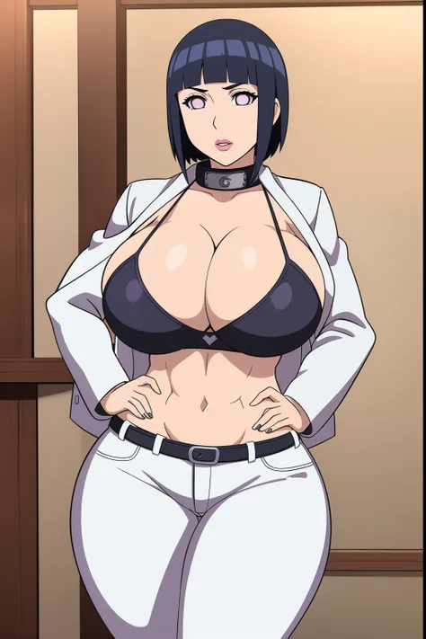 Hinata Hyuuga, 1girl, ((bimbo))), short blue hair, puffy lips, painted lips, thick lips, wide hips, thick thighs, huge ass, bimbo face, muscular stomach abs, shiny skin, enormous huge natural breasts, white jeans, black bra, jacket, hanging breasts, hand s...