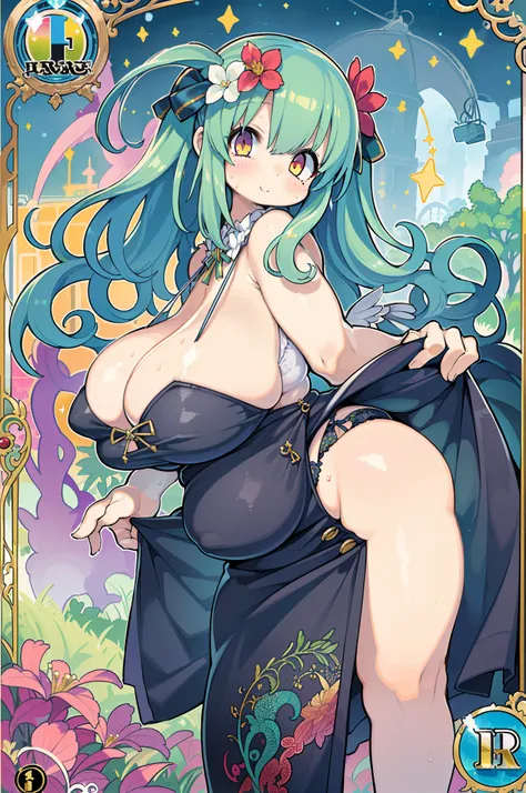 ( of the highest quality, Best Quality, Official art, Beautiful and aesthetic:1.2), (1girl in:1.3), (Fractal Art:1.3), The card, tarot, Green hair, Twin braids, Hair Flower, (good lighting:1.1), ((hight resolution)), Tarot card style,(((huge-breasted)))、th...