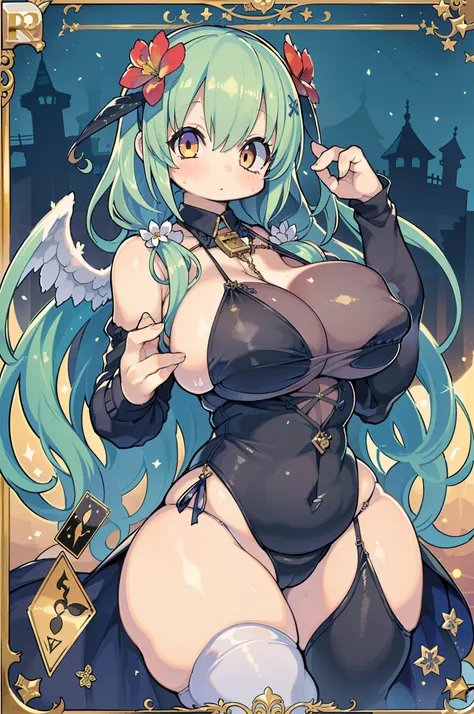 ( of the highest quality, Best Quality, Official art, Beautiful and aesthetic:1.2), (1girl in:1.3), (Fractal Art:1.3), The card, tarot, Green hair, Twin braids, Hair Flower, (good lighting:1.1), ((hight resolution)), Tarot card style,(((huge-breasted)))、th...