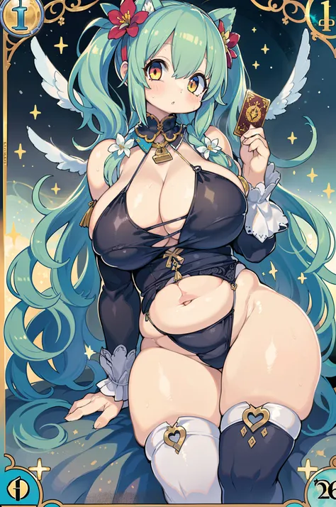 ( of the highest quality, Best Quality, Official art, Beautiful and aesthetic:1.2), (1girl in:1.3), (Fractal Art:1.3), The card, tarot, Green hair, Twin braids, Hair Flower, (good lighting:1.1), ((hight resolution)), Tarot card style,(((huge-breasted)))、th...