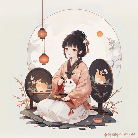 （A rabbit：1.4）, sat on the ground, Looking up, Mid-Autumn Festival atmosphere, Traditional Chinese illustration style, Digital art, Simple background, A masterpiece on white background, Best quality, Ultra-detailed, High quality, 4K