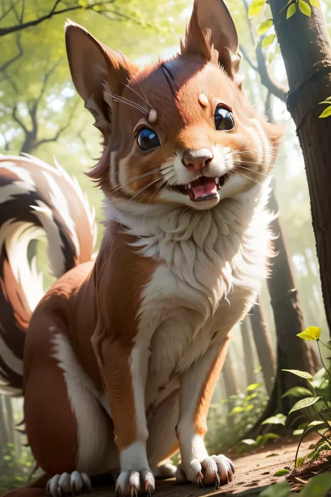 Seraphim is a mischievous and energetic squirrel, with a full, red-coloured tail that wags with excitement. Their coat is a mixture of soft shades of brown and gray, mesclando-se harmoniosamente com o ambiente da floresta pontilhada de luz. His bright, tin...