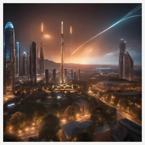 The spacecraft launches lasers to attack the city，in a panoramic view，（plethora of colors，Best quality，high detal，tmasterpiece，cinmatic lighting，4K，Chiaroscuro）