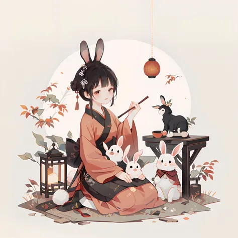 （A rabbit：1.4）, sat on the ground, Looking up, Mid-Autumn Festival atmosphere, Traditional Chinese illustration style, Digital art, Simple background, A masterpiece on white background, Best quality, Ultra-detailed, High quality, 4K