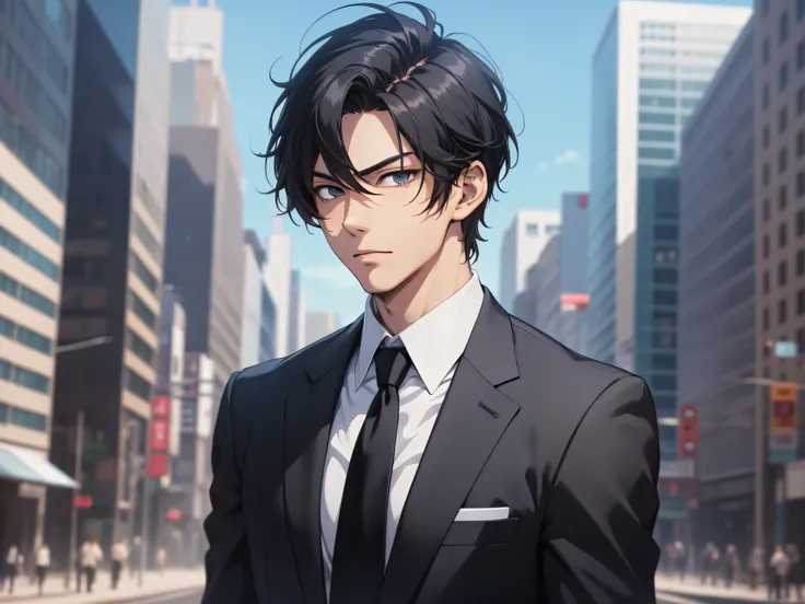 tmasterpiece，best qualtiy，1 male，AS-Adult，Handsome，With short black hair，The shirt，A man in a suit and tie stands in front of the city, Wearing a strict business suit, anime handsome guy,Wearing a strict business suit, Dark suit, Suit and tie handsome anim...