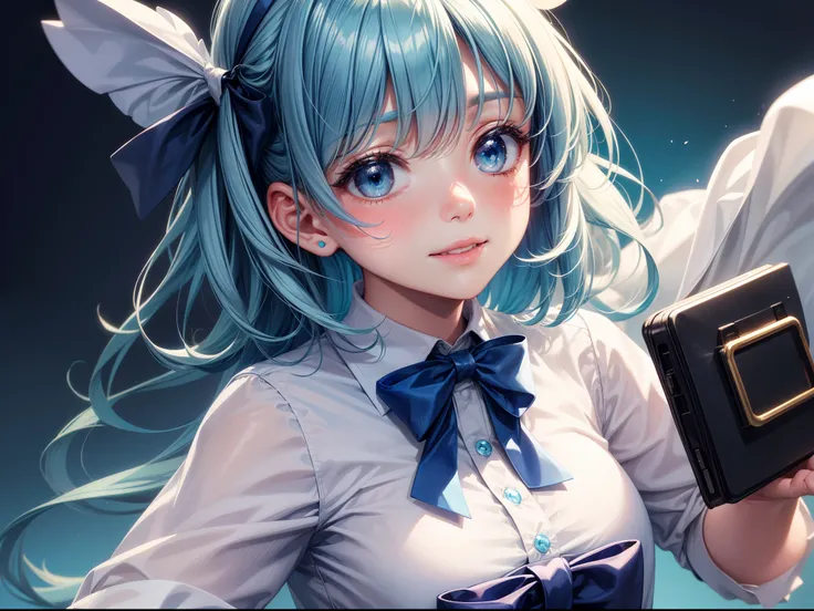 1girl, bangs, blue_bow, blue_bowtie, blue_eyes, blush, bow, bowtie, collared_shirt, green_background, looking_at_viewer, parted_lips, shirt, short_hair, smile, solo, white_shirt