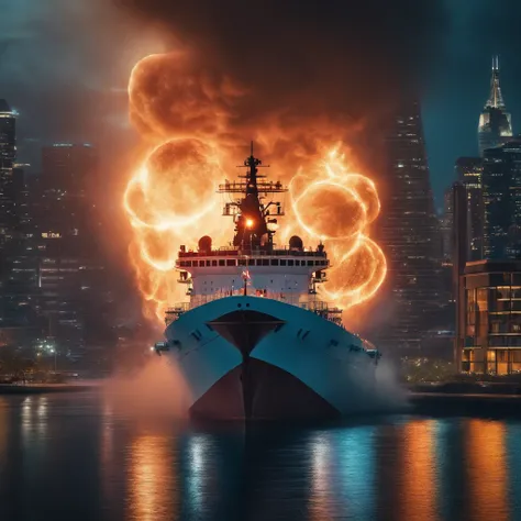 (The ship fires lasers to attack the city:1.3)，in a panoramic view，（plethora of colors，Best quality，high detal，tmasterpiece，cinmatic lighting，4K，Chiaroscuro）