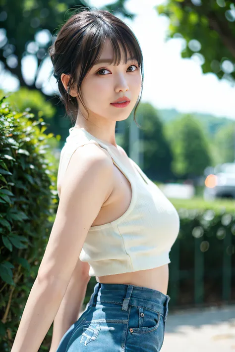 top-quality、女の子 1 人、large full breasts、with light glowing、blur backgroun、bokeh dof、Camouflage crop top、denim short pants、(short-hair、Forehead:1.2)、Beautiful sky with details、耳Nipple Ring、(dynamicposes:1.2)、 (The upper part of the body:0.8)、Soft lighting、th...