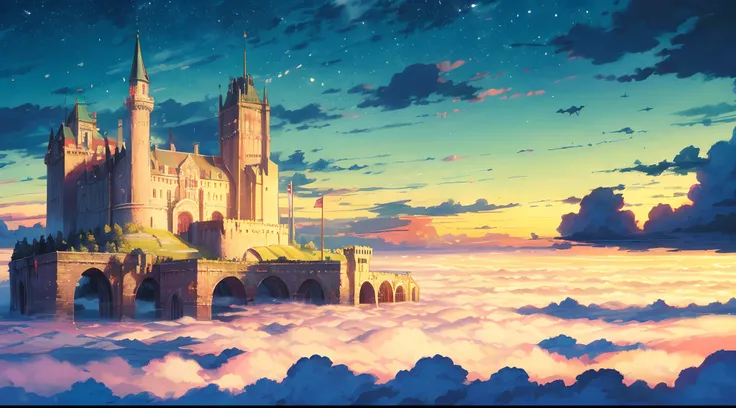 A majestic castle floating on a sky island, reminiscent of an England-style fortress, suspended above fluffy clouds, basking in the warm glow of the sun, radiating vibrant colors, Masterpiece