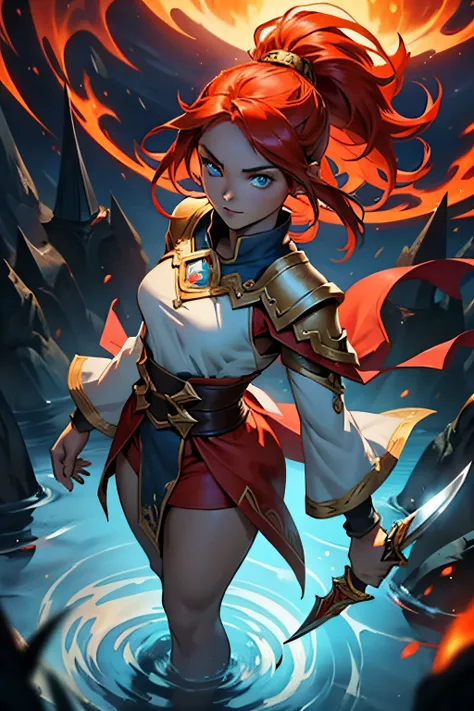 An outstanding painting of a beautiful white girl, Flaming, Surrounded by flames, Dota2 Fire Lady style, Ghost knife style, Fire-like hair, Long red hair, Big watery blue eyes, Thin waist, Wide hips, Mage robes, Magical colors, World of Warcraft style, bli...