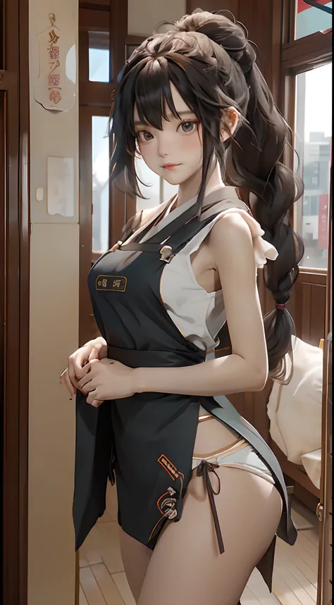 1girl in,Legs,Bill Girl,(((building))),  Braided bangs,braided ponytails,(Solo:1.2),Apron,thick thighs,side tie panties, Balck Hair, sixteen years old,Looking at Viewer, Sunlight,Hanfu,