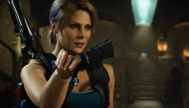 jill valentine, na cidade, cercada de zumbis segurando sua arma