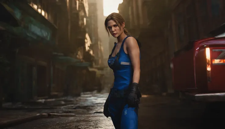 jill valentine, na cidade, cercada de zumbis segurando sua arma