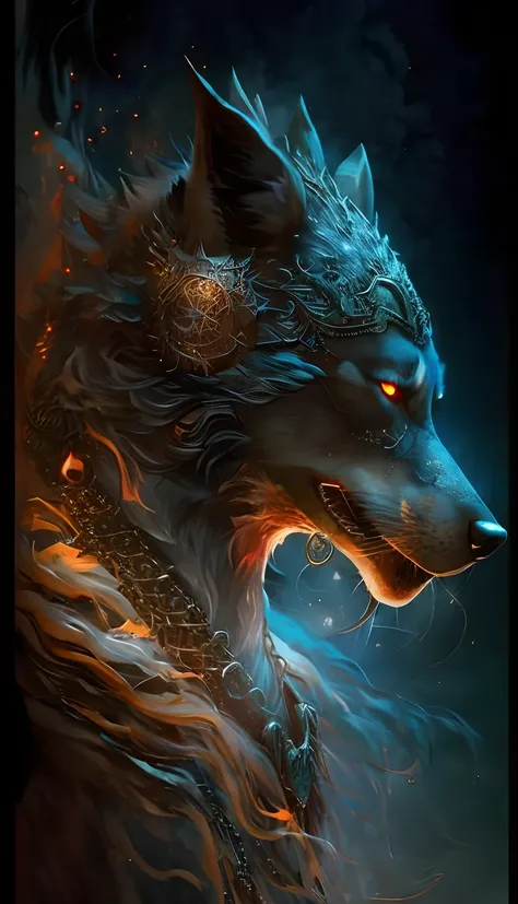 a close up of a wolf with a glowing head and a chain around its neck, wolf in hell, fenrir, fantasy wolf portrait, great wolf, an anthropomorphic wolf, blue wolf, great digital art with details, wolf, anthropomorphic wolf, mythical creature, hyper detailed...