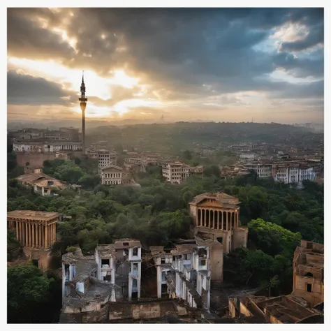 （The city was destroyed，The building collapsed：1.2），puff，in a panoramic view，（plethora of colors，Best quality，high detal，tmasterpiece，cinmatic lighting，4K，Chiaroscuro）