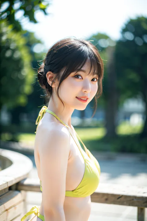 top-quality、女の子 1 人、large full breasts、with light glowing、blur backgroun、bokeh dof、Yellow Bikini Swimsuit、(short-hair、Forehead:1.2)、Beautiful sky with details、耳Nipple Ring、(dynamicposes:1.2)、 (The upper part of the body:0.8)、Soft lighting、the wind、glowy sk...