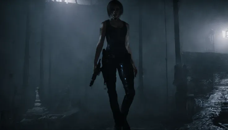 jill valentine, na cidade, cercada de zumbis e segurando sua arma