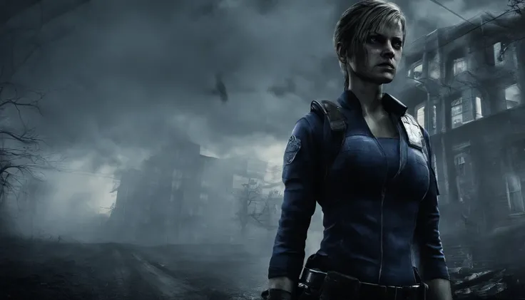 jill valentine, na cidade, cercada de zumbis e segurando sua arma