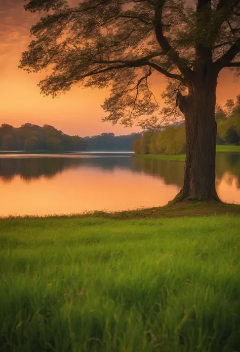 grass field　A large tree in the center of the lake