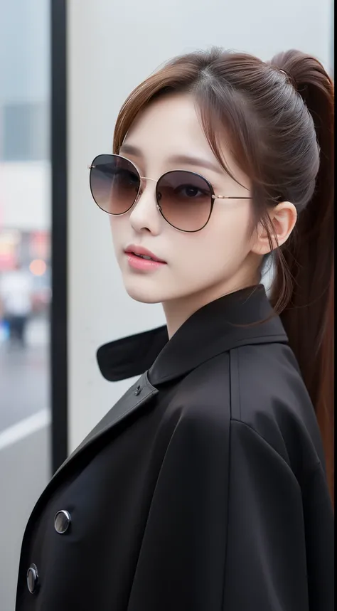 realistic photos of 1 cute Korean star, light brown hair, short ponytail, white skin, thin makeup, 32 inch breasts size, wearing black coat, sunglasses, raining, the store is backdrop, upper body portrait, UHD