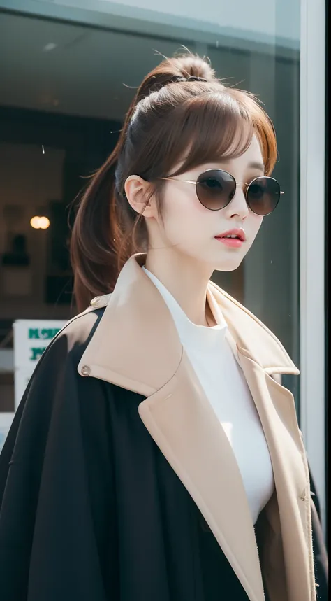 realistic photos of 1 cute Korean star, light brown hair, short ponytail, white skin, thin makeup, 32 inch breasts size, wearing black coat, sunglasses, raining, the store is backdrop, upper body portrait, UHD