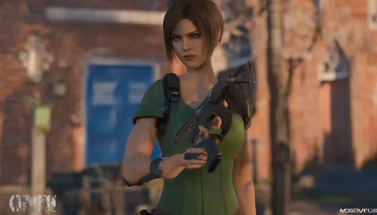 jill valentine, morena, resident evil 1, na cidade, cercada de zumbis segurando sua arma