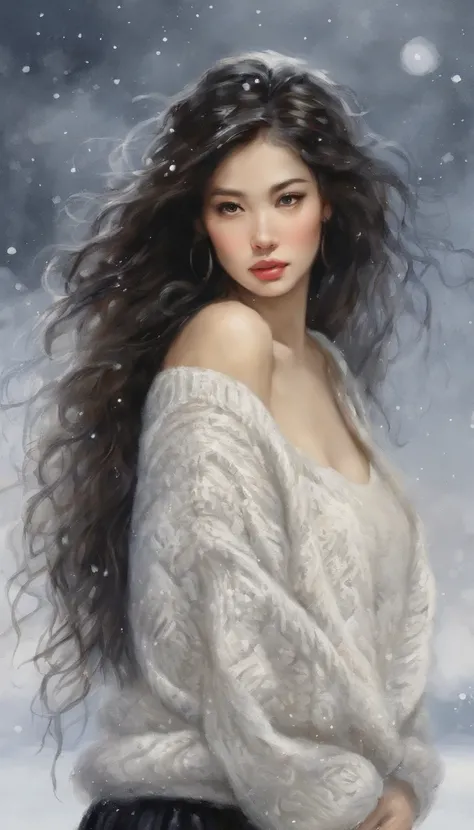 ((from side)), ((from below)), ((full body)), ((realistic)), Beautiful young girl, Beautiful Korean model, cabelos preto e longos, curlies, By bangs, (slender leg), (cold light, the night, starrysky), (at winter season, nevando, parks). ((White sweater, bs...