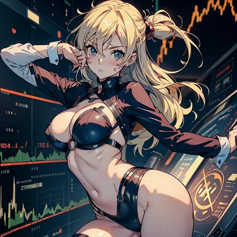 Anime Waifu mit riesigen Titten, die zusehen, how the stock market crashes, (Erschrockenes Gesicht:1.4)