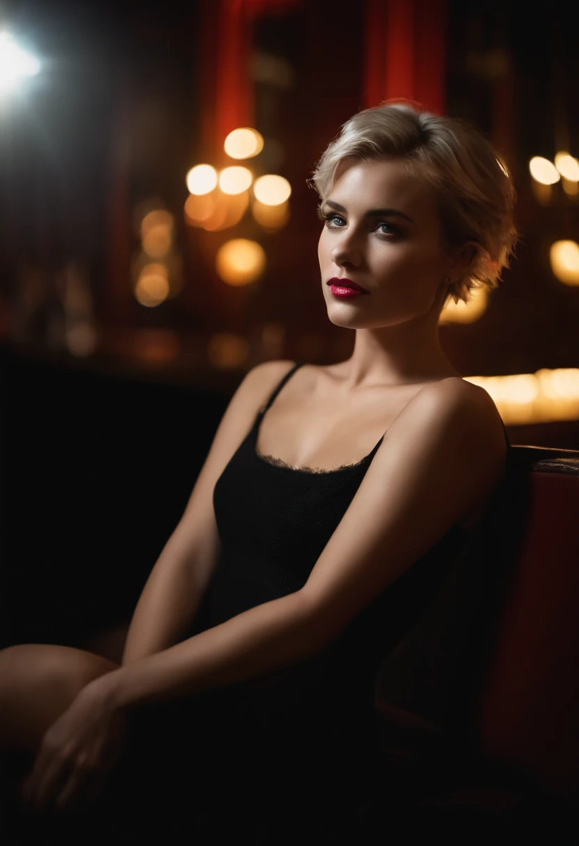 close up modern blonde petite young woman, melbourne Australia, movie, in a discreet club, 21st century, bar, wearing dress, short pixie hair, floppy hair, messy hair,  looking sultry, cinematic, photo real,, backlit, panavision, depth of field, night time...