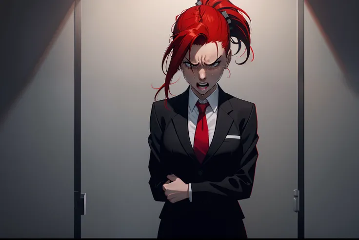 closup view, woman, red ponytail hair, wearing a black office suit, red tie,black office skirt, scared, scream, crying, dark, grey background