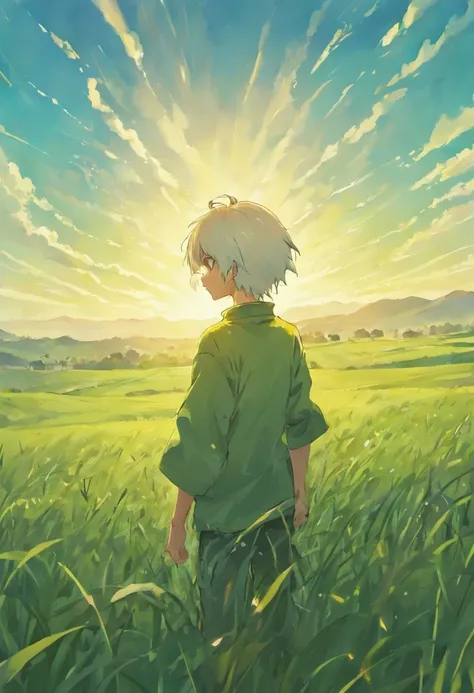 Grasslands as far as the eye can see　Boy with white hair painting　Rear view