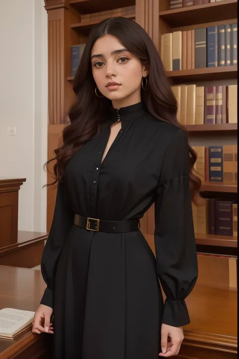 Pre-raphaelite 20-year-old latina girl wearing 2023 modern clothes at yale library, ((modern 2023 black clothes))