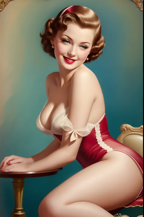 Teasing smiling winking woman in a transparent peignoir, Elvgren artist style, pinup, vintage haircut