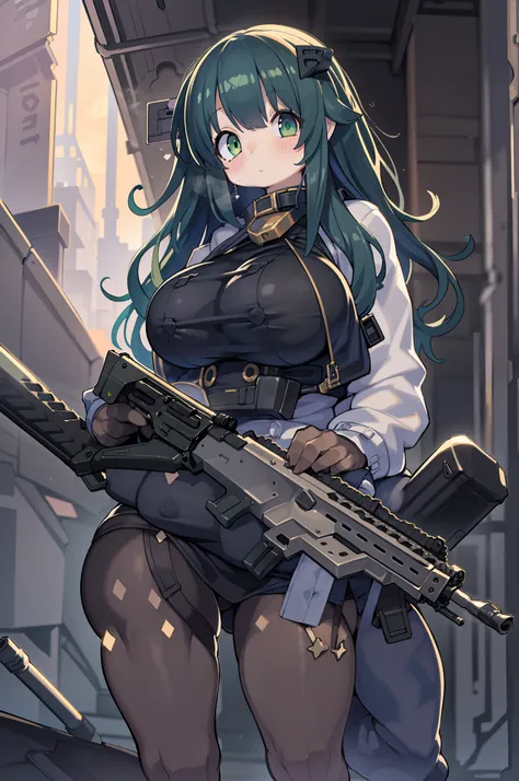 (((((Hold a huge assault rifle)))))、Long sideburns、Anime-style girl with beautiful whole body, clean detailed faces, ciber,analogous colors, Glowing shadows, beautiful gradients, depth of fields, CLEAN IMAGE, High quality,Black Parker Closing、 high detaili...