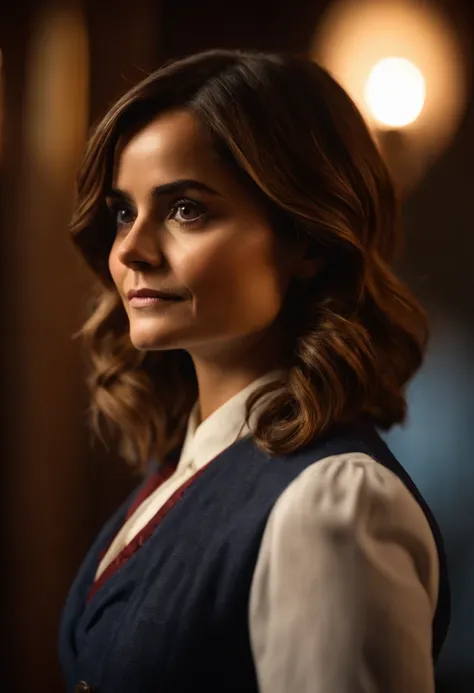 RAW photo, jenna coleman as doctor who, (high detailed skin:1.2), 8k uhd, dslr, soft lighting, high quality, film grain, Fujifilm XT3