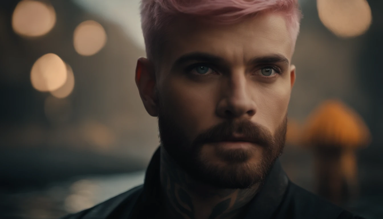 A strong man, short pink hair, short beard, has orange eyes, is underwater, has tattoos all in shades of black, has a golden trident, realistic drawing style, focus on the face