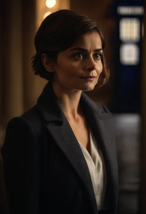 RAW photo, jenna coleman as doctor who, short hair, pixie hair, (high detailed skin:1.2), 8k uhd, dslr, soft lighting, high quality, film grain, Fujifilm XT3