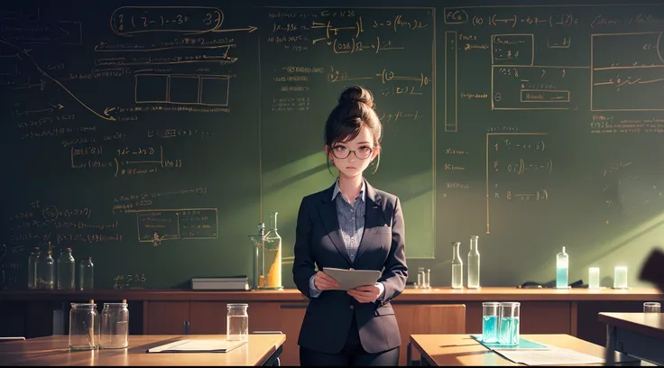 A teacher stand in front of the blackboard,Facing students,(Cowboy shot,above knee portrait:1.25),Scholar girl,huge breast,Teachers professional suit,Black stockings,messy bun,glasses,(laboratory,classroom,experimental equipment,blackboard filled with equa...