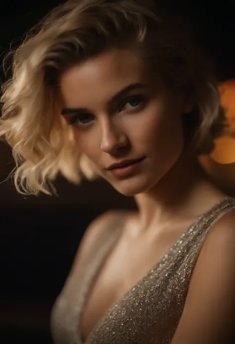 close up modern blonde petite 18 year old young woman, melbourne Australia, movie, wearing dress, short pixie hair, floppy hair, messy hair,  looking sultry, cinematic, photo real,, backlit, panavision, depth of field, night time, sexy, bed,  in a discreet...