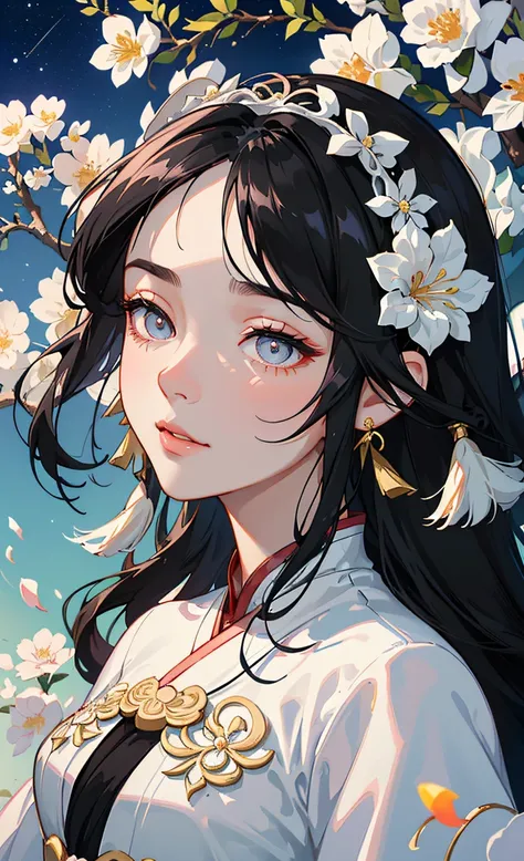 Mature girl , black hair, floating hair, delicate and smart eyes, starry pupils, intricate damask hanfu, gorgeous accessories, wearing pearl earrings, FOV, f1.8, masterpiece, complex scene, flower petals flying, front portrait shot, Change