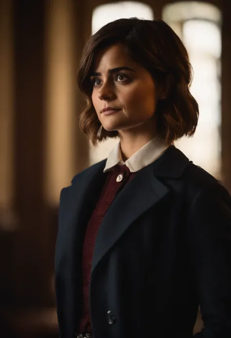 RAW photo, 18 year old, jenna coleman as doctor who, short hair, pixie hair, (high detailed skin:1.2), 8k uhd, dslr, soft lighting, high quality, film grain, Fujifilm XT3