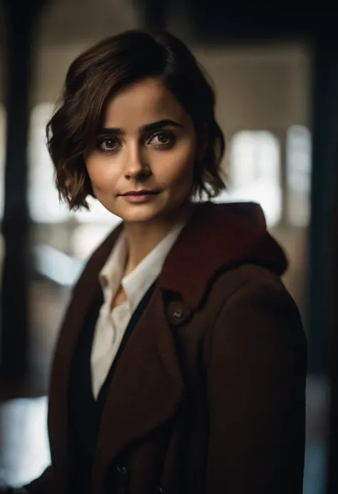 RAW photo, 18 year old, jenna coleman as doctor who, short hair, pixie hair, (high detailed skin:1.2), 8k uhd, dslr, soft lighting, high quality, film grain, Fujifilm XT3