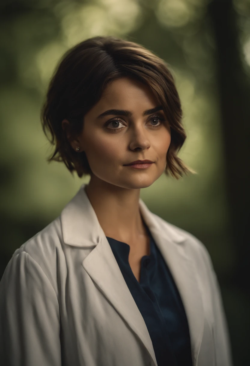 RAW photo, 18 year old, jenna coleman as doctor who, short hair, pixie hair, (high detailed skin:1.2), 8k uhd, dslr, soft lighting, high quality, film grain, Fujifilm XT3