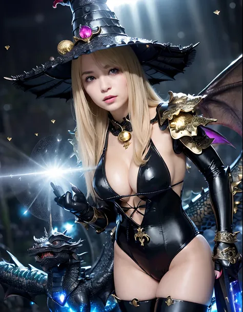 ((World of Darkness)),Professional , ​masterpiece、top-quality、photos realistic , depth of fields 、(((With a magic wand of gems))),（Dragon Black Metal Body:1.9),(latex black-blue、（cleavage of the breast）（Fight dragons）、、(((Particles of light))),（Micro Bikin...