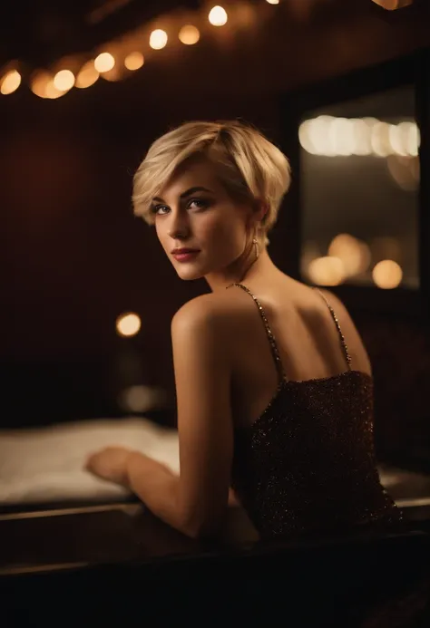 modern blonde petite 18 year old young woman, melbourne Australia, movie, wearing dress, short pixie hair, floppy hair, messy hair,  looking sultry, cinematic, photo real,, backlit, panavision, depth of field, night time, sexy, bed,  in a discreet club, 21...