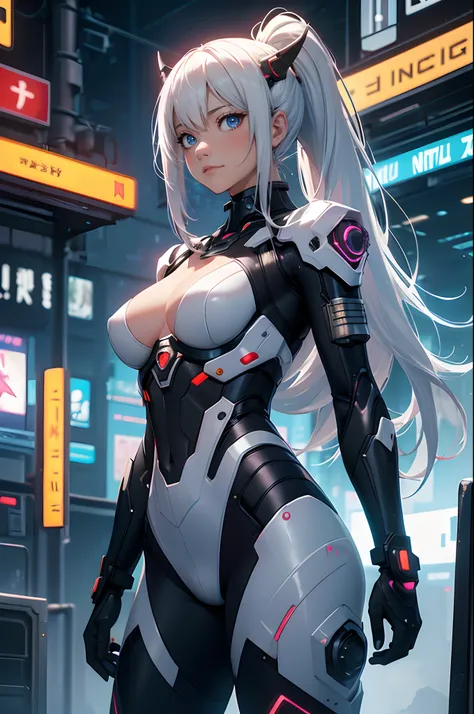 1girl, a beautiful girl cyborg cyberpunk carry a fantasy weapon in the cyberpunk city background, wide angel, oil shinny, ponytail, white hair, white and orange and black machine suit color combination, the body full of machine, realistic futuristic hologr...