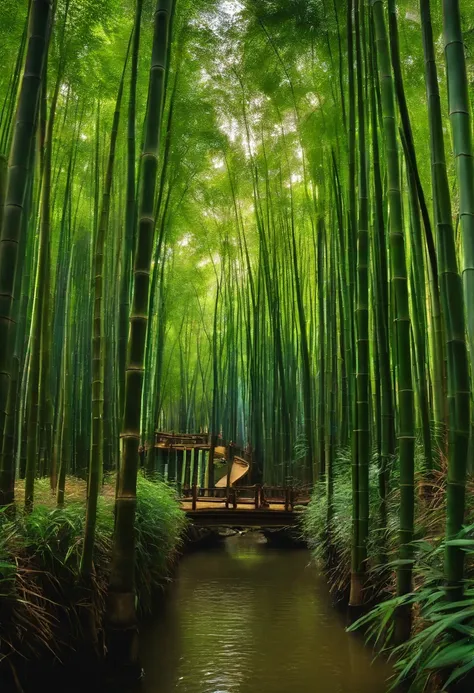 bamboo forrest，bamboos，ponds，waterfallr